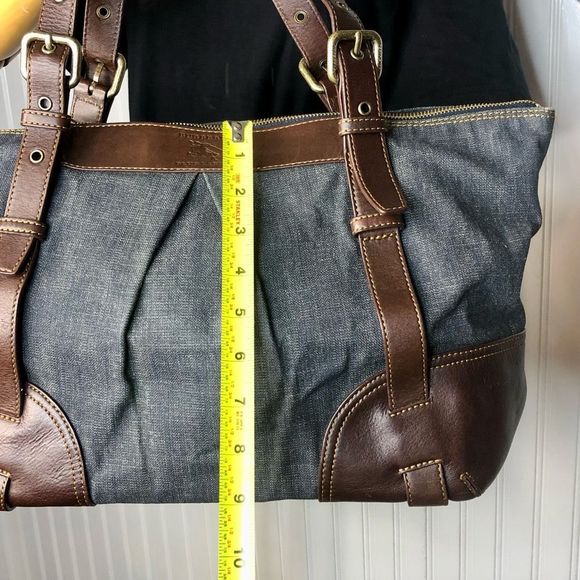 BURBERRY BLUE LABEL Denim Top Zip Shoulder Bag w/ Adj Brown Leather Straps RARE - Picture 9 of 17